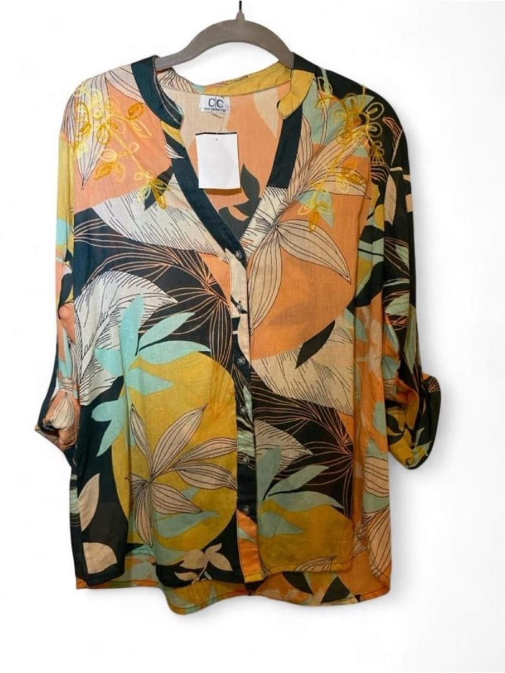 CC Collection Floral Print Button-Down Blouse in Peach, Teal & Mustard